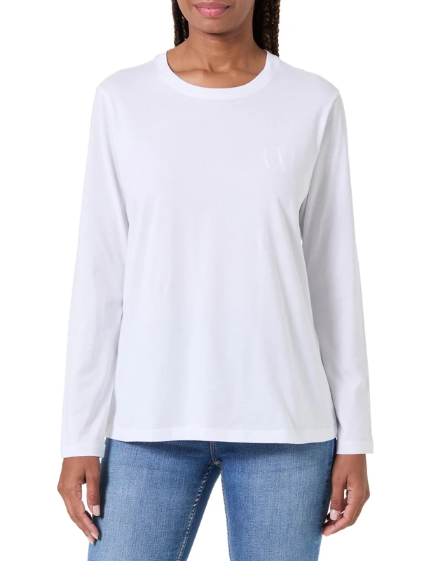 Armani Exchange Women's Long Sleeve Side Tone on Tone Logo T-Shirt, White, M, White (Optic White), M