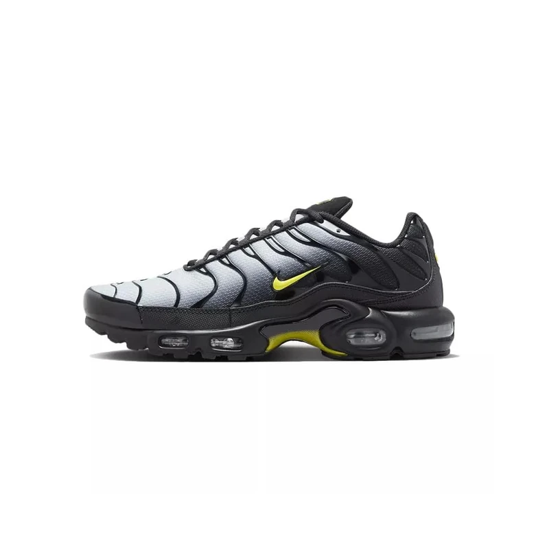 NIKE Men's Air Max Plus Sneaker, Black Opti Yellow Wolf Grey, 6 UK