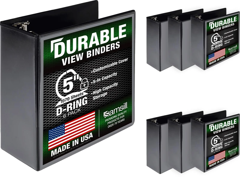Samsill Durable 5 Inch Binder, Made in the USA, Customizable Clear Binder with Locking D-Ring - Black - 6 Pack, Each Holds 1050