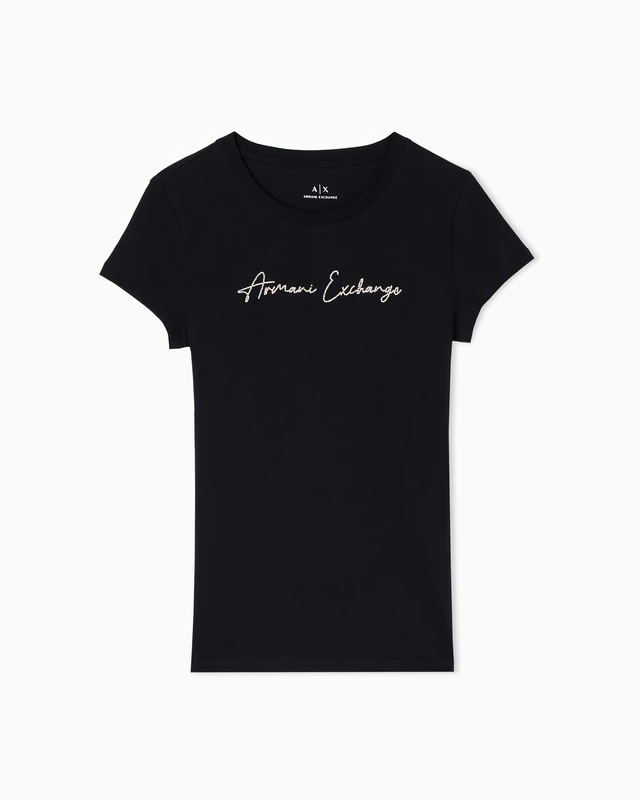 Armani Exchange Women's Short Sleeve Big Signed Logo T-Shirt, Black, XS, Black/Gold, XS