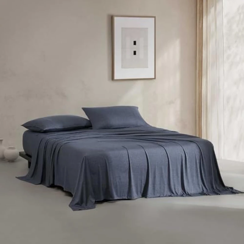 Calvin Klein - Queen Size Sheets Set, Naturally Soft Cotton-Blend Melange Jersey Bedding - Bed Sheets with Matching Pillowcases & Fitted Sheet (Modern Cotton Dark Blue)
