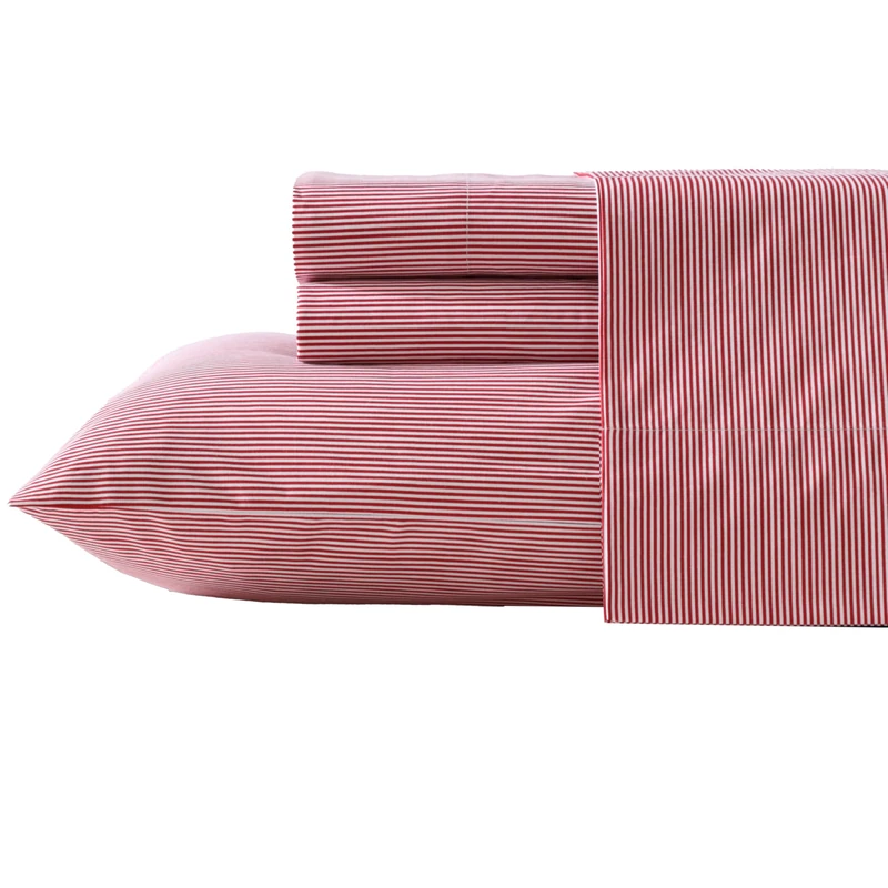 Nautica - Full Sheet Set, Lightweight & Breathable Cotton Percale Bedding Set with Matching Sham(s), Crisp & Cool Bedding Essentials, Oeko-Tex Certified (Penny Pinstripe Red, Full)