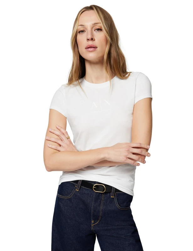 Armani Exchange Women's Short Sleeve Tone on Tone Logo T-Shirt, White, L, White (Optic White), L