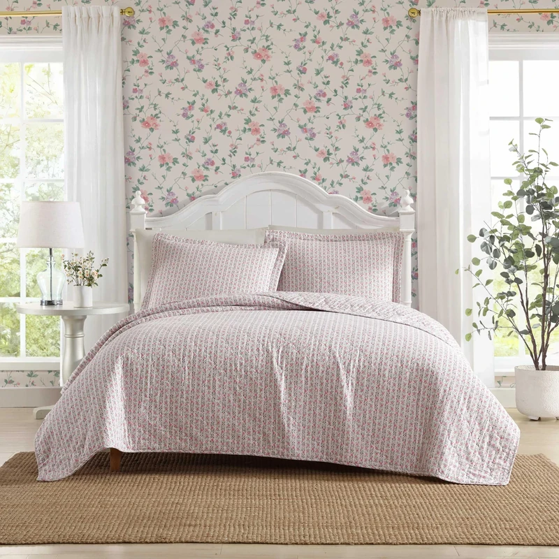 Laura Ashley - Full/Queen Quilt Set, Breathable Premium Cotton Bedding with Matching Sham(s), Super Soft Floral Bedding Essentials (Marta Stripe Pink, Full/Queen)