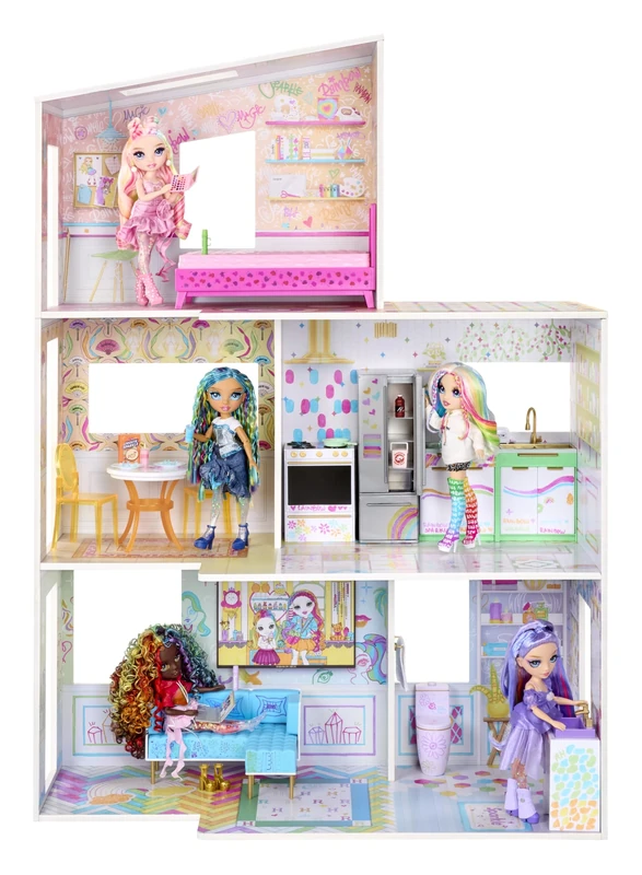 Rainbow High Color & Play 3-Story Doll House - Design All Walls and Floors with Washable Markers, Wood Playset Includes Toy Furniture & Accessories, Fun Present for Kids 4+