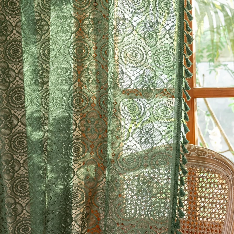 Dark Green Lace Curtains 84 Inch Long for Living Room 2 Panels Vintage Boho Look Floral Crochet Pattern Tassels Sheer Curtain Panels for Closet Doors Light Filtering 70s Curtains 59" W x 84" L