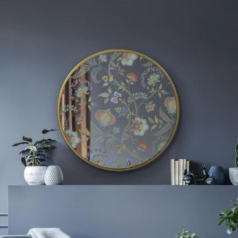 MirrorOutlet The Satis - Gold Frame edged Modern Round Circular Wall Mirror With Art Decals 24" X 24" (60CM X 60CM) Silver Mirror Glass with Gold Metal Frame New, 61 x 61 x 1