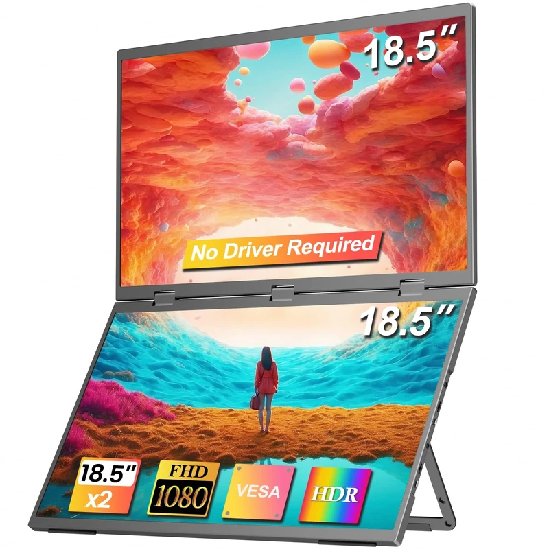 CUIUIC Dual Portable Monitor, 18.5" 1080P FHD IPS Folding Stacked Triple Laptop Screen, Travel Monitor for Laptop PC Windows Mac w/Stand & VESA Mountable