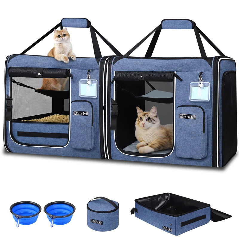 Petskd Portable Double Cat Carrier with Litter Box (Blue)