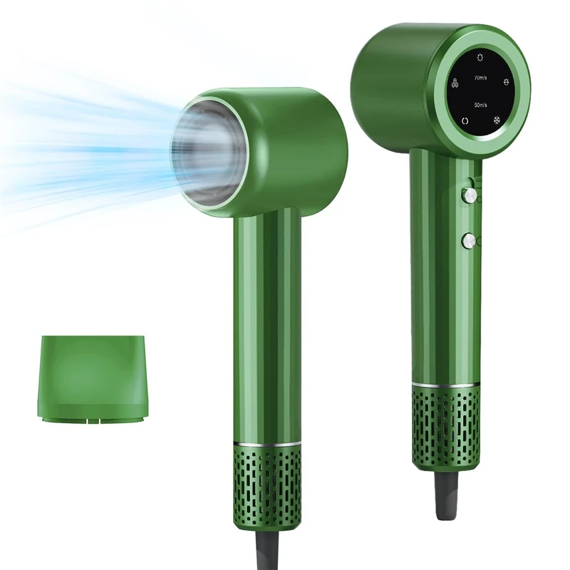 AXCEED Hair Dryer - 110,000 RPM Negative Ionic Blow Dryer, Professional and Lightweight hairdryer with 360° Rotating Magnetic Nozzle & LED Display - Perfect for Family, Salon and Travel Use (Green)