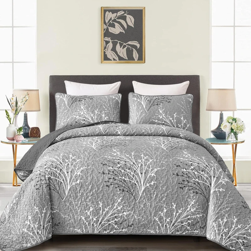 DJY Grey Quilt Set California King Size - Branch Botanical Bedspread Coverlet Set, 3 Piece Gray Floral Quilt Bedding Set Soft Lightweight Summer Bedspread Bedding Cover for All Season