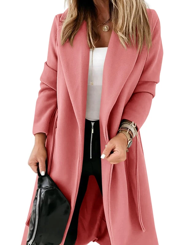 Womens Classic Coat Lapel Collar Open Front Belted Long Jacket, Watermelon Red, L