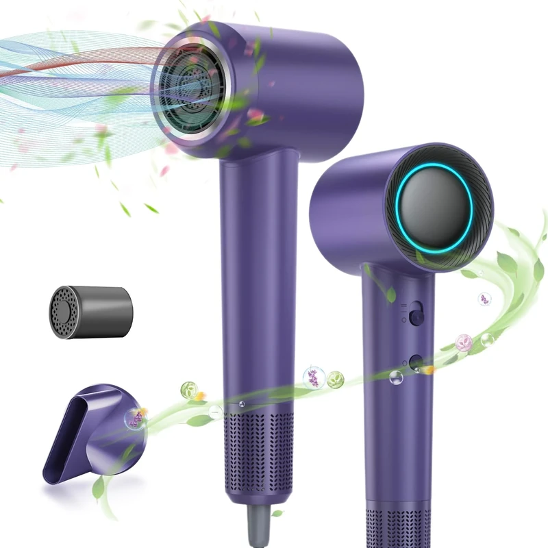 Hair Dryer - 110,000 RPM High Speed Brushless Motor Ionic Hairdryer, Portable Blow Dryer with 360° Rotating Magnetic Nozzle & LED Display, 59dB Low Noise Travel Hairdryers for Women and Men (PRUPLR16)