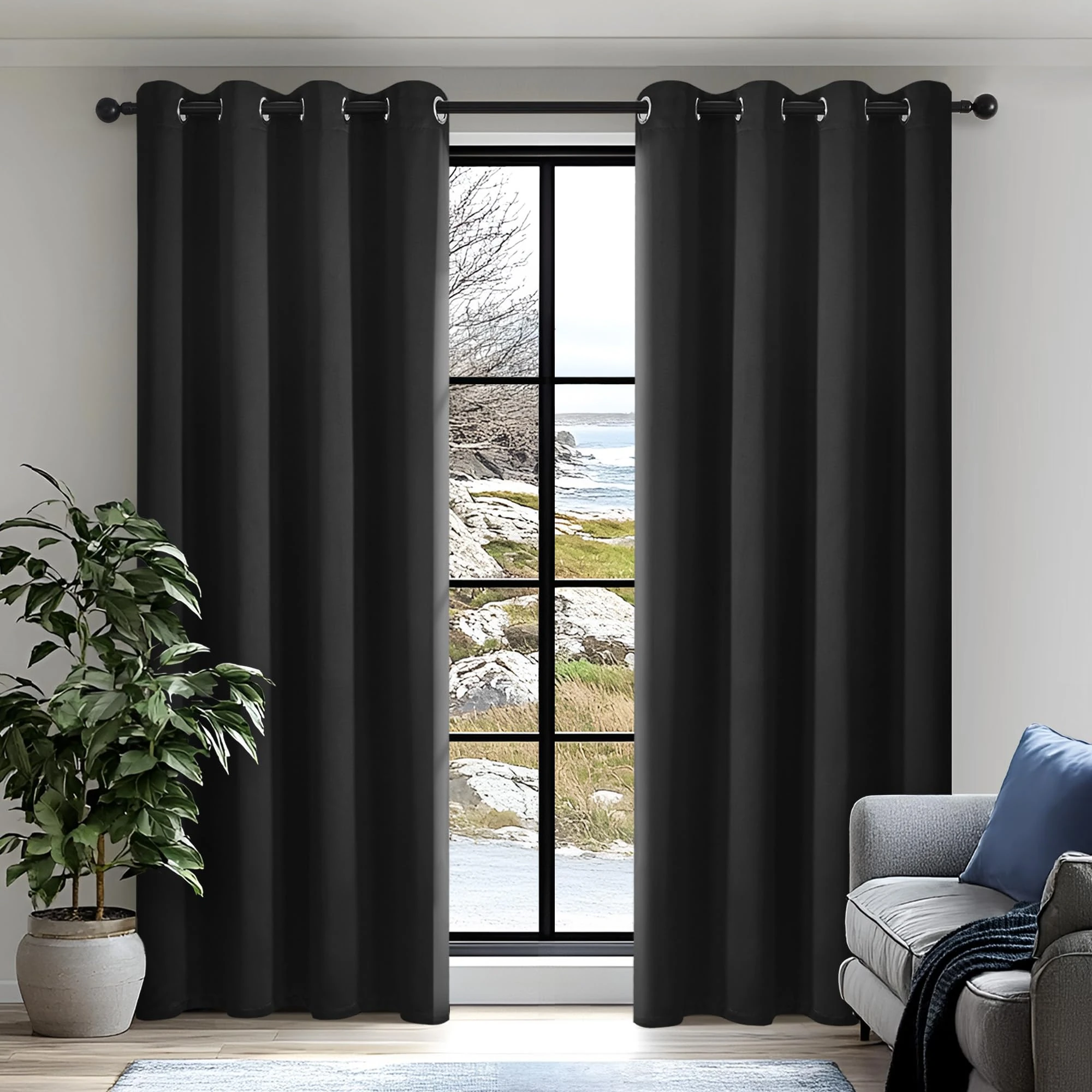 Deconovo Black Curtains for Bedroom - Super Soft Thermal Insulated Eyelet Blackout Curtains, OEKO-TEX Certified, Energy Saving, 52x84 Inch, Black Onyx,2 Panels