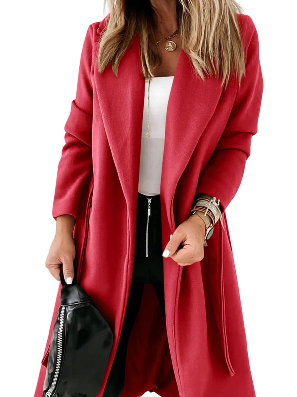 Womens Classic Coat Lapel Collar Open Front Belted Long Jacket, Red, L