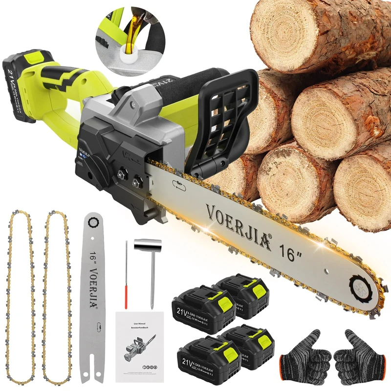 VOERJIA 16" Brushless Cordless Chainsaw - 2200W, 4x4000mAh Pack