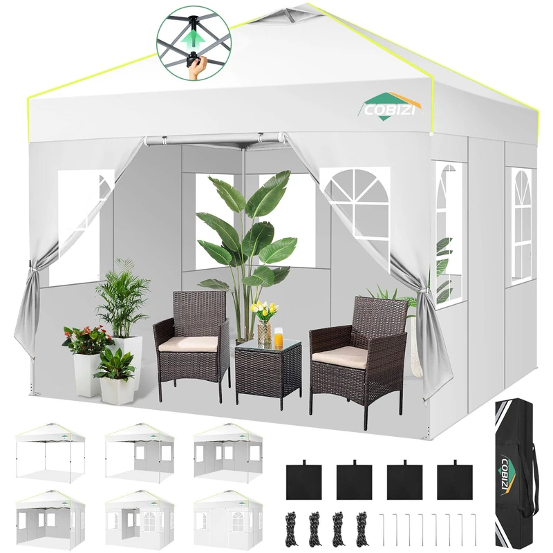 COBIZI Pop Up Gazebo 3mx3m with 4 Removable Sidewalls Waterproof UPF50+ Protection Marquee Gazebo for Parties Commercial Weddings with Carry Bag, White