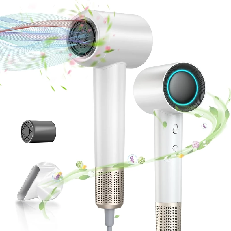 High-Speed Negative Ion Hair Dryer - 110,000 RPM Brushless Motor Blow Dryer, Portable Design with 360° Rotating Magnetic Nozzle & LED Display - Perfect for Family, Salon and Travel Use (White)