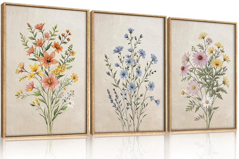 HPINUB Colorful Wildflower Canvas Framed Wall Art Set,Minimalist Botanical Floral Wall Decor,Vintage Flower Artwork,Modern Watercolor Boho Bouquet Art Prints for Living