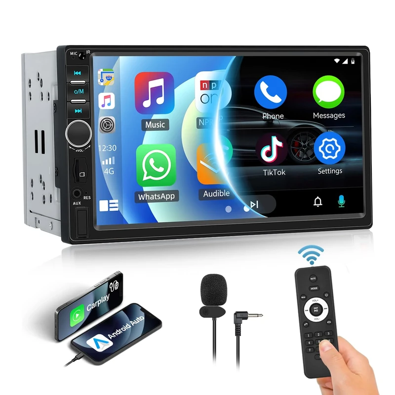 CAMECHO Double Din Car Stereo with Apple CarPlay Android Auto 7" Touchscreen Car Radio with Bluetooth 5.1, 2 Din Multimedia Player Support Mirror Link, FM Radio, USB/TF Card/AUX-In, Remote Control