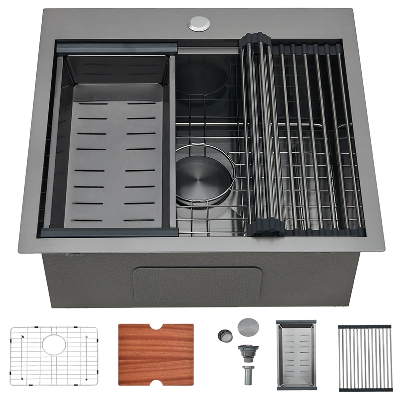 SHACO 21 Inch Black Drop in Kitchen Sink, 21x20 Inch Gunmetal Black Top Mount 16 Gauge Stainless Steel Single Bowl Workstation RV Small Kitchen Outdoor Laundry Wet Prep Sink with Accessories