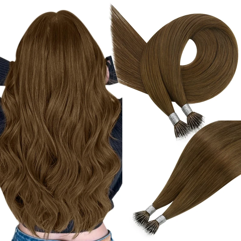 Easyouth Nano Hair Extensions Real Human Hair Medium Brown Nano Beads Hair Extensions Human Hair Brown Nano Tip Human Hair Extensions Long Straight Hair 24 Inch 50g/50s #4