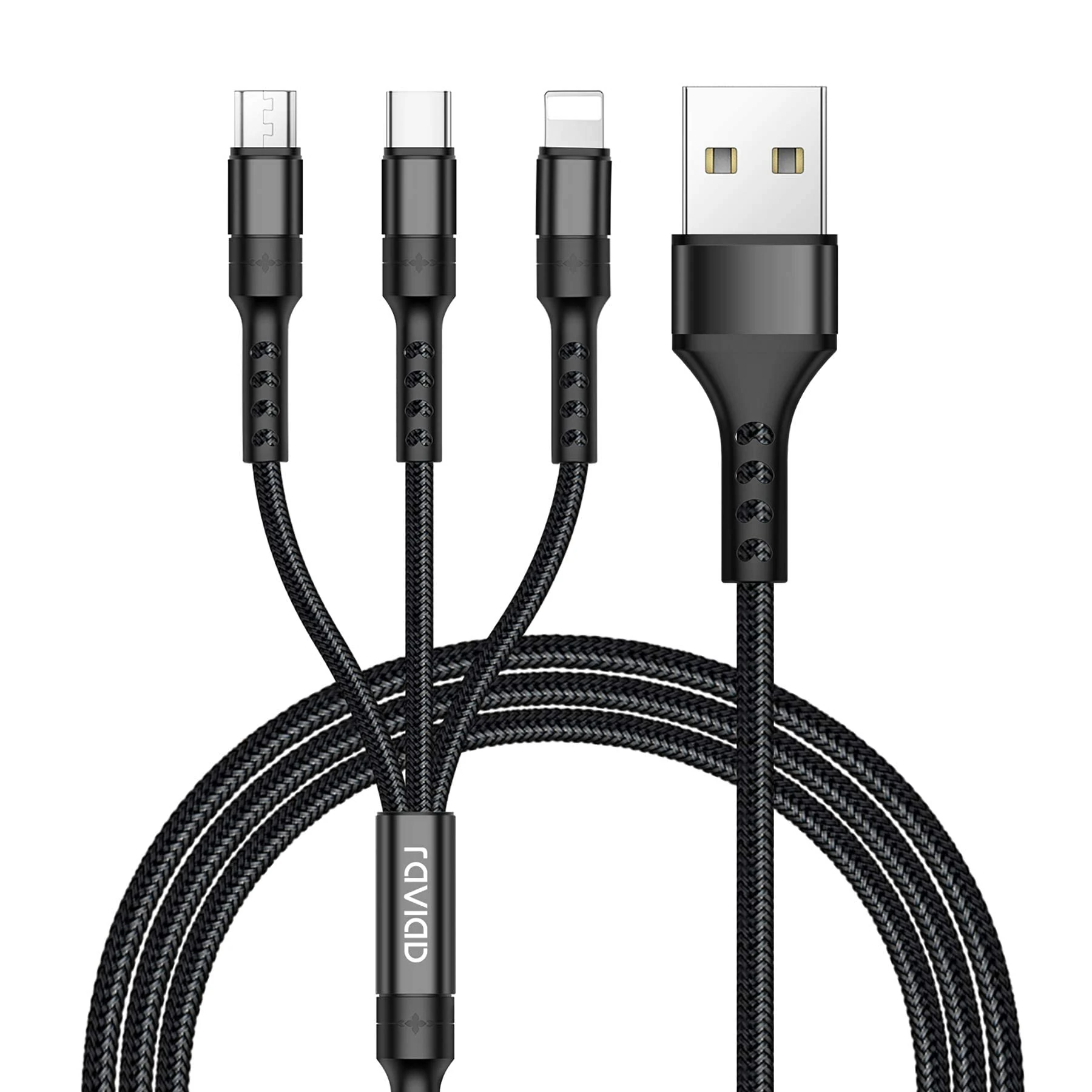 RAVIAD Multi Charger Cable, 3 in 1 Charger Cable 3A USB Fast Charging Cord [2M] Multi Charging Cable with Micro USB Type C Lightning Cable Connector for iPhone, Samsung, Huawei, Sony, LG, PS5-Black