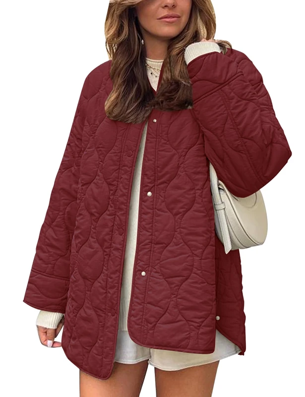 Flygo Women's Oversized Lightweight Quilted Jacket Button Down Puffer Padded Outerwear with Pocket, Wine Red, XL
