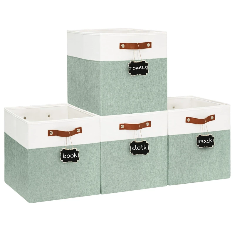 13 Inch Storage Cubes Bins with Bottom Boards and Leather Handles, Collapsible Fabric Cube Storage Baskets, 4 Pack Linen Boxs Organizers for Home, Shelves, Closets, and Nursery (White/Green)