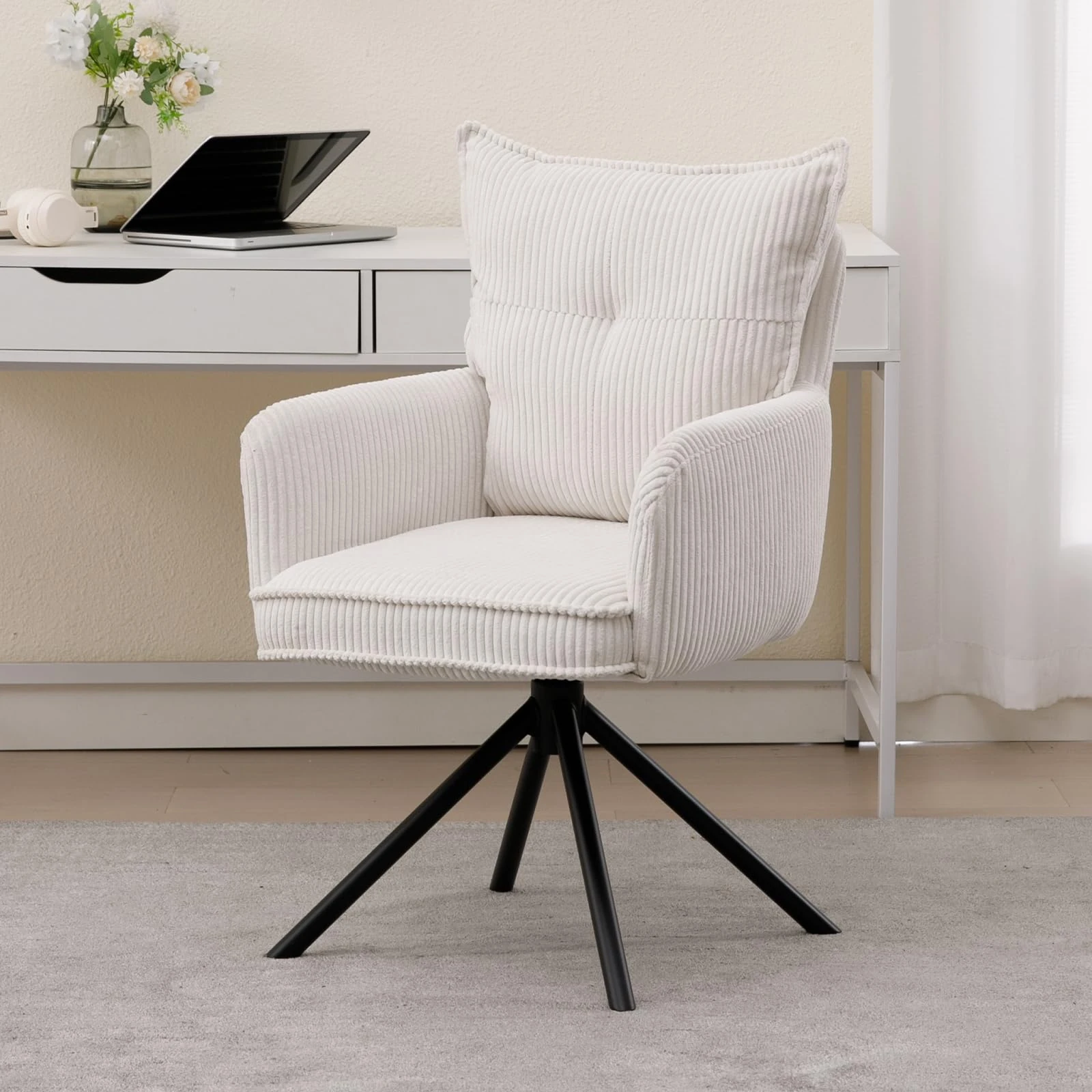 chairus Swivel Office Chair Desk Chair no Wheels in Corduroy Fabric Upholstered Vanity Chair with Metal Base (White)