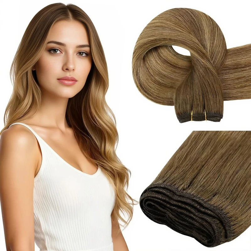 Easyouth Balayage Human Hair Extensions Weft 24 Inch Brown Weft Hair Extensions Real Human Hair Ombre Brown to Blonde Sew in Hair Extension Human Hair 120g #4/27/4