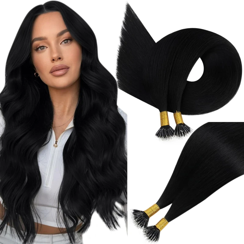 Easyouth Hair Extensions Nano Black Nano Beads Hair Extension Real Human Hair Jet Black Nanos Ring Hair Extensions Human Hair Natural Luster 24 Inch 50g/50s #1
