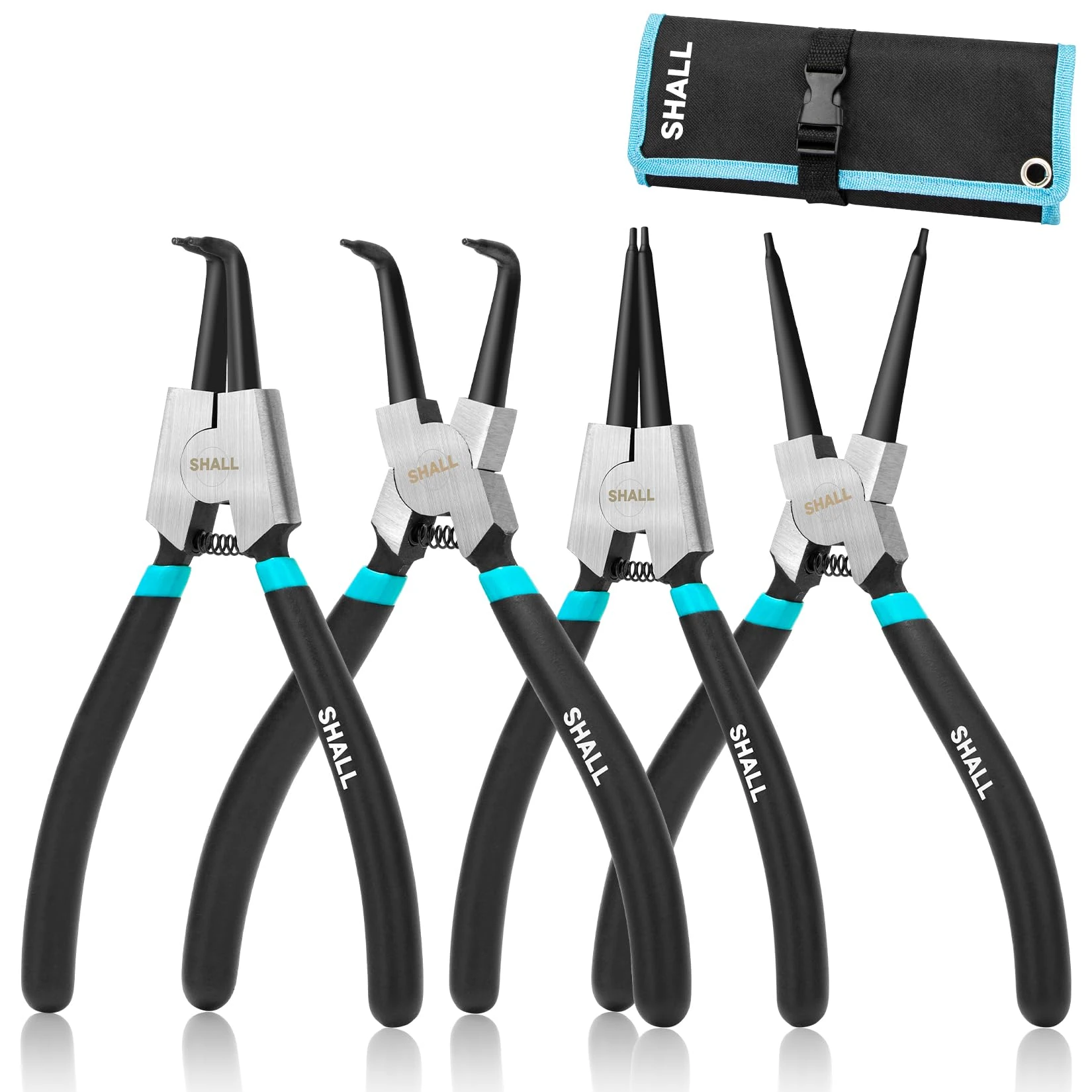 Shall 4 Pcs 7 Inch Professional Circlip Pliers – Straight/Bent Internal & External Snap Ring Pliers (90° Tips), Anti Slip Handles, with Canvas Storage Pouch