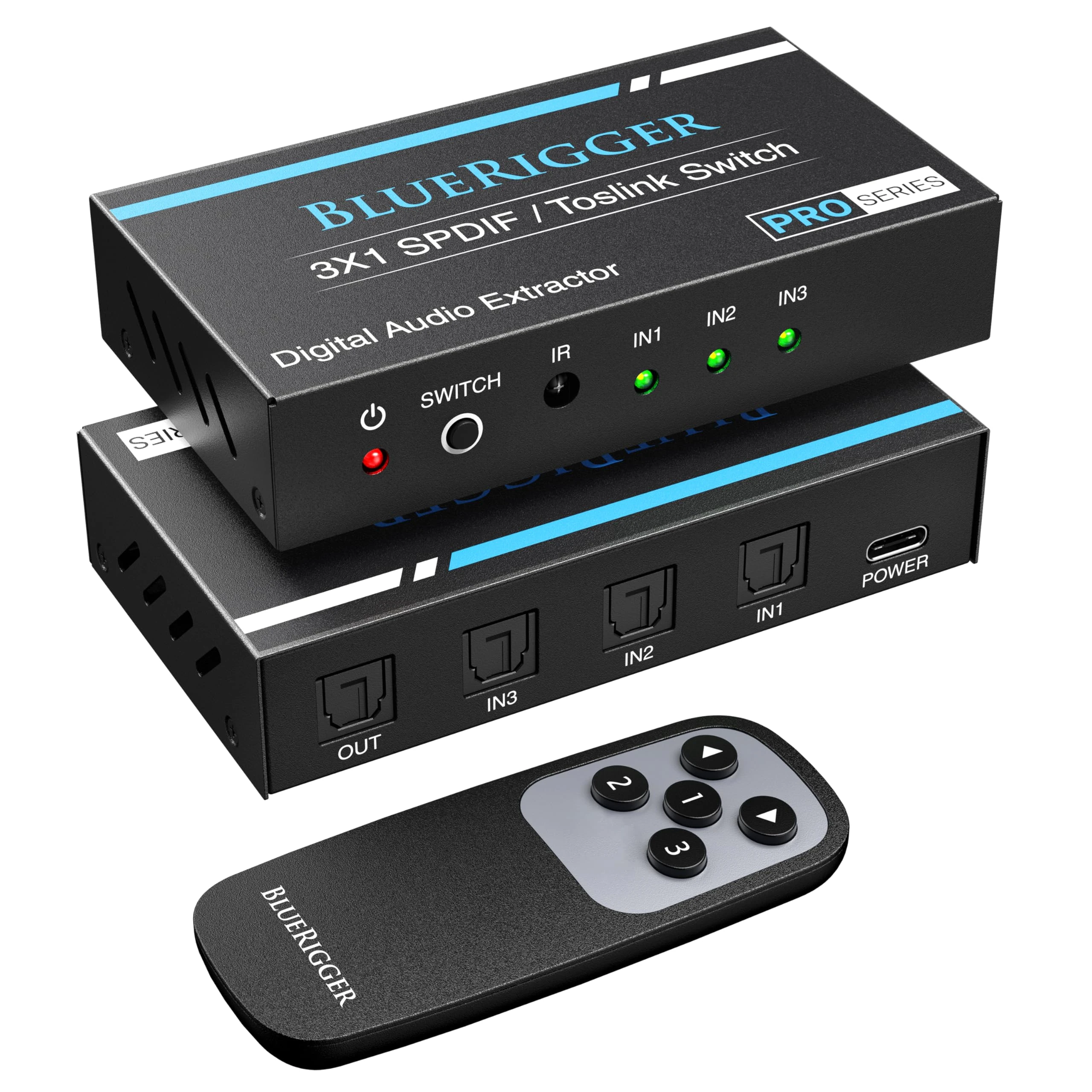 BlueRigger Digital Toslink Optical 3x1 Switch - (LPCM 2.0, SPDIF Optical Audio Switcher with IR Remote Control, 3 in 1 Fiber Optic Switch) - Compatible with Gaming Console, HDTV, Amplifier, Soundbar