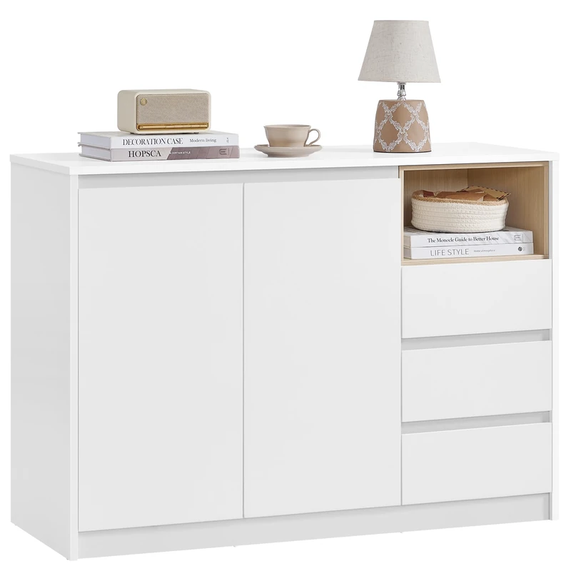 VASAGLE KAILYN Collection - Sideboard, Storage Cabinet with Doors, 3 Drawers and Adjustable Shelf, 40 x 103.3 x 74.5 cm, for Living Room, Kitchen, Study, Cloud White BBK273W21V1