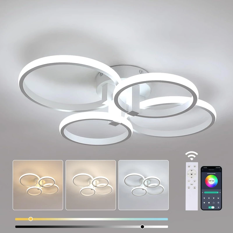DELIPOP Dimmable LED Ceiling Light with Remote Control, 76W 8550LM Modern 4-Ring Acrylic Chandelier, White Ceiling Lighting for Living Room Bedroom Kitchen, 3000K-6500K