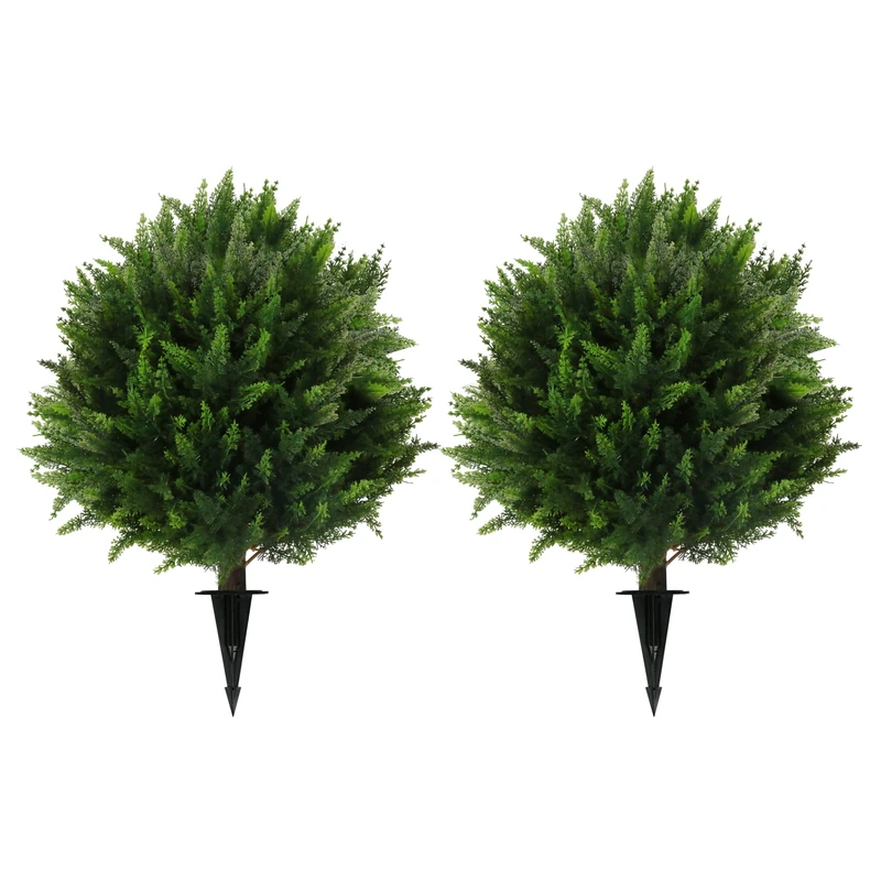 Sunnyglade Set of 2 Artificial Cedar Topiary Ball Trees, Faux Cedar Shrub Bushes with Ground Spike 25.5", UV Resistant Fake Cedar Plants for Indoor, Garden, Yard, Porch, Patio Decor (Green)