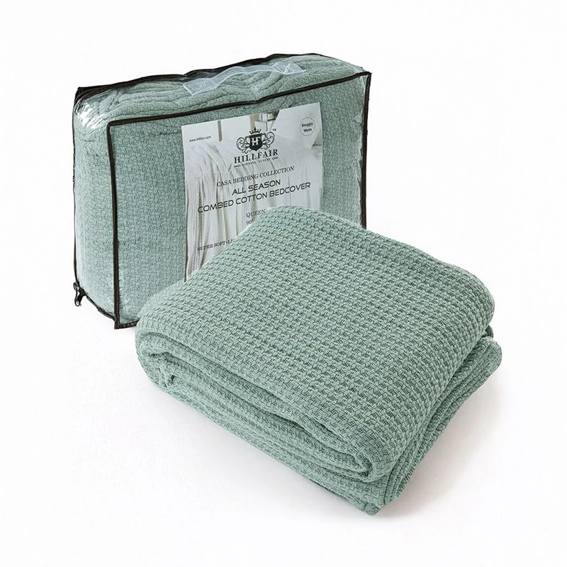HILLFAIR 100% Combed Cotton Blanket– California King Size Bed Blankets– Warm Soft All Season Breathable Blankets– Extra Large Oversized California King Blanket- Sage Cotton Bed Blankets