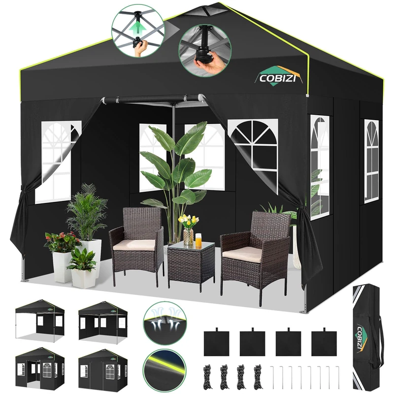 COBIZI Pop Up Gazebo 3mx3m with 4 Removable Sidewalls Waterproof UPF50+ Protection Marquee Gazebo for Parties Commercial Weddings with Carry Bag, Black