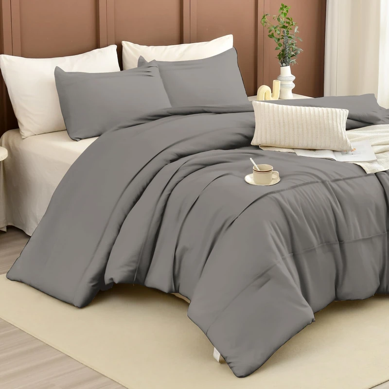 Masaca Grey Oversized King Comforter 128x120,Pinch Pleated Extra Large King Size Bedding Comforter,Farmhouse Boho Bedding 3PCS (1 Gray Comforter+2 Pillow Shams)