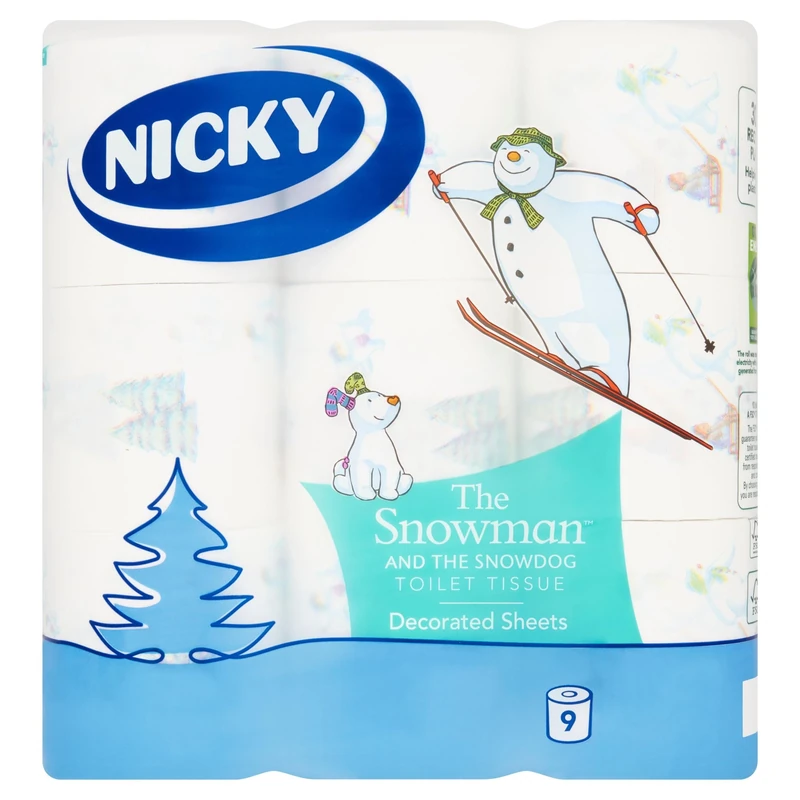 Nicky Snowman Toilet Tissue - 9 Rolls of Embossed Toilet Paper, 168 Sheets per roll, 3-Ply, The Offical Snowman and Snowdog Decorated Sheets, 100% FSC Certified Paper