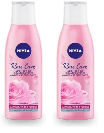 NIVEA MicellAIR 2 in 1 Rose Water Cleanser & Toner, Waterproof Makeup Remover for Thorough Cleansing (200ml) - Pack of 2