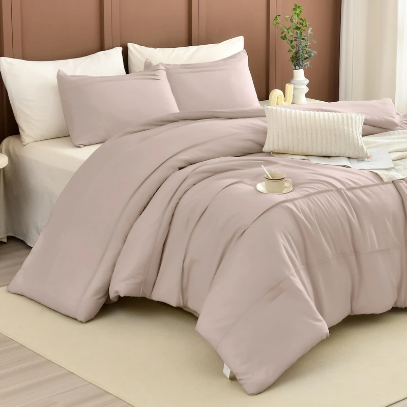 Masaca Oversized King Size Comforter 128x120,3 Pieces Vintage Farmhouse Pinch Pleat Bedding Comforter Set Lightweight Ultra Soft Rustic Boho Bedding (1 Taupe Comforter +2 Pillowcases)