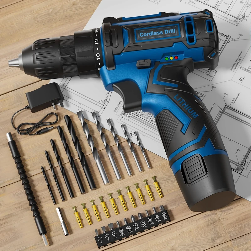 FAHEFANA Cordless Drill Set Blue, 12V Lightweight Electric Screwdriver Driver, Electric Power Drill with Battery & Charger, 3/8" Keyless Chuck, 42 Pcs Accessories, Tool Kit for Home DIY