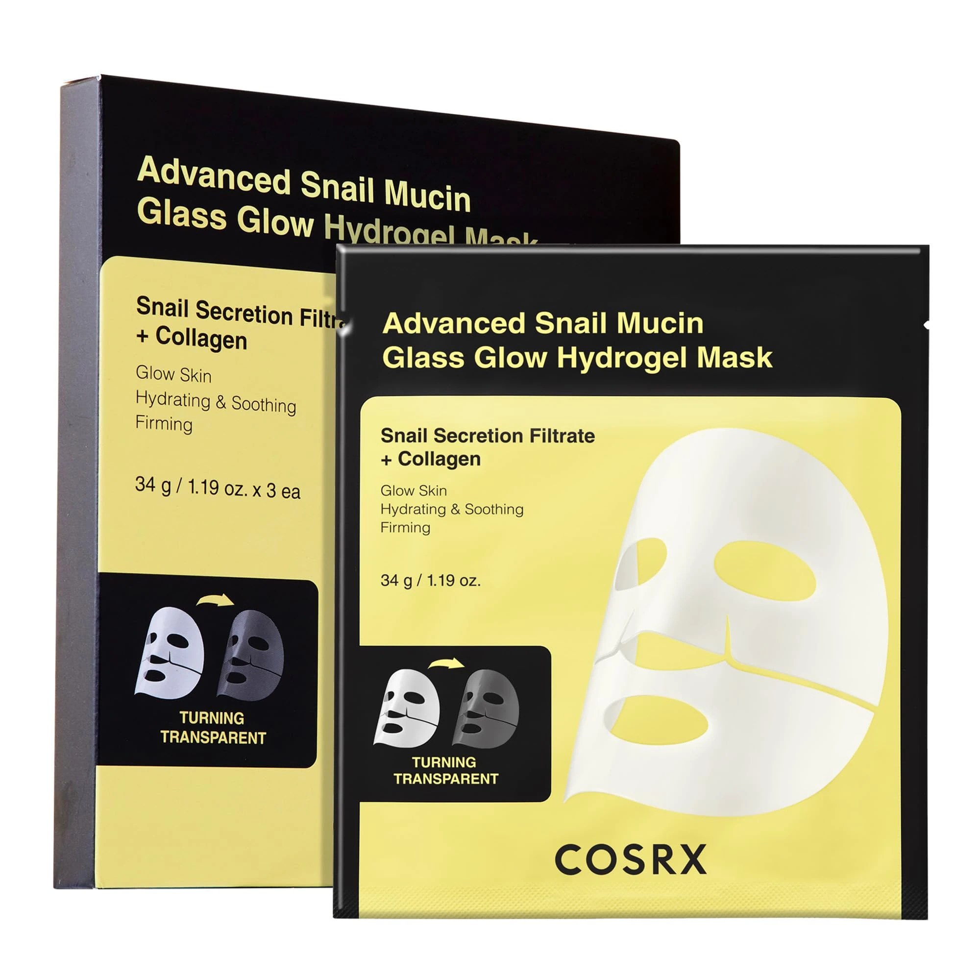 COSRX Advanced Snail Mucin Glass Glow Hydrogel Face Masks Skincare, Collagen Mask, Overnight Peel Off Korean Face Mask for Hydration Boost, Glass Skin Face Mask Korean Skincare, Pack of 3
