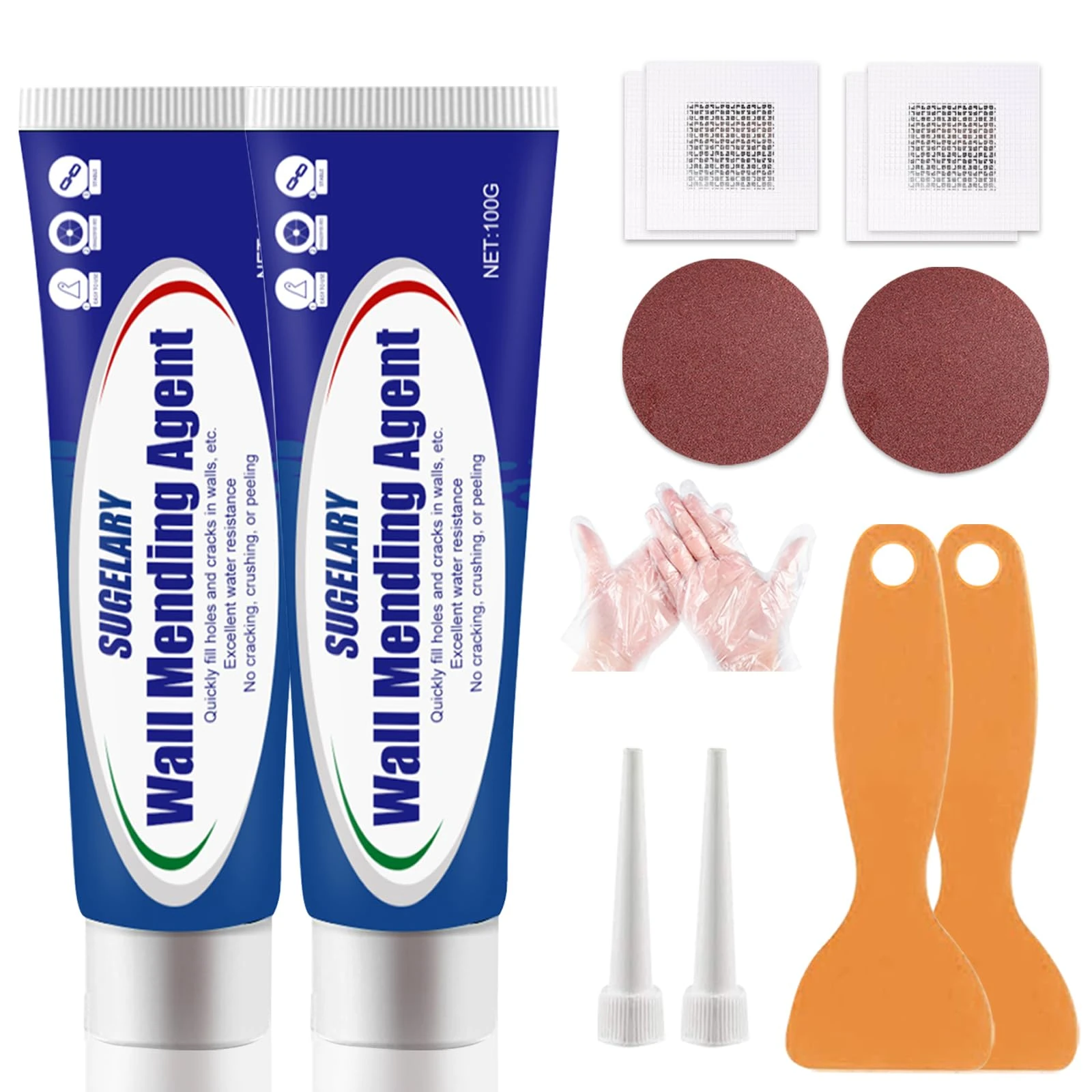 Sugelary Wall Repair Cream, Waterproof Wall Mending Agent, Quick Drying Wall Repair Paste Kit Effectively Repair Wall Scratches, Nail Holes, Cracks, Graffiti, Renovation Solutions (2pack whth patch)