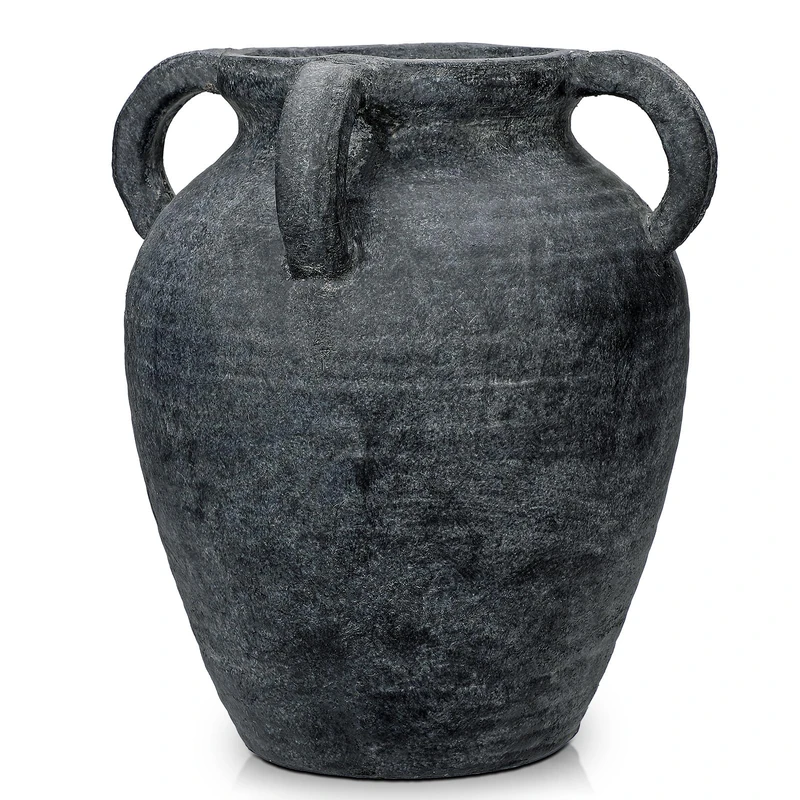 Handmade Flower Vase, 12" Tall Terracotta Vase, Vintage Black Ceramic vase, Rustic Antique Decor with 3 Handles, Wide Mouth, Matte Finish for Home Office Resto Café Décor