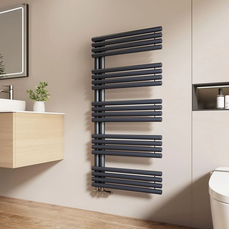 EMKE Hot Water Towel Dryer for Bathroom, 1265 x 600 mm, Round Pipe Towel Rack, Towel Warmer with Side Connections, Bath Towel Warmer, Charcoal 776W - Image 1