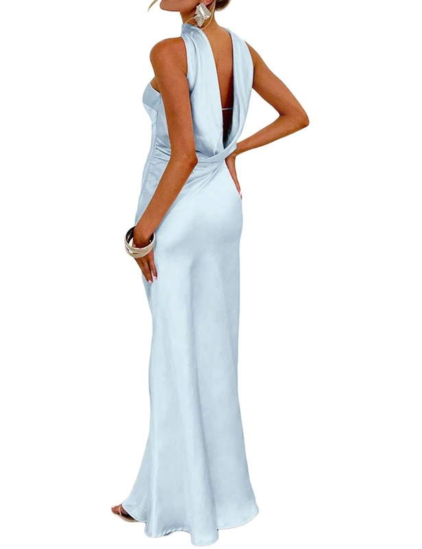 Women's Summer Satin Strapless Tube Top Maxi Dress Elegant Silk Backless Halter Neck Formal Party Dresses Wedding Guest, Light Blue, XS