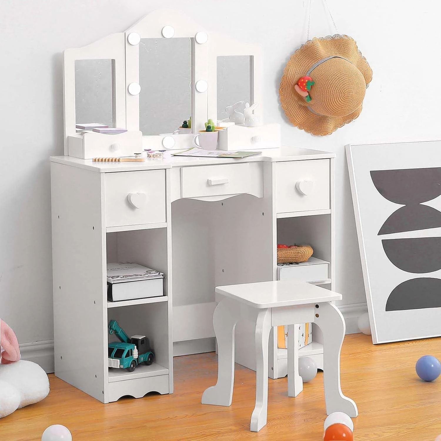 Kids Vanity Set With Mirror, 2-In-1 Wooden Toddler Vanity Table With Stool, Tri-Folding Mirror & Drawer,Princess Pretend Play Makeup Vanity Princess Makeup Desk Dressing Table for Little Girls